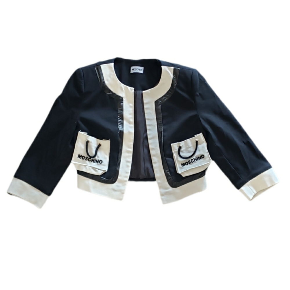 Moschino Bolero Cut Blazer, Leather Piping Shopping Bag Pocket Embroidered Logo